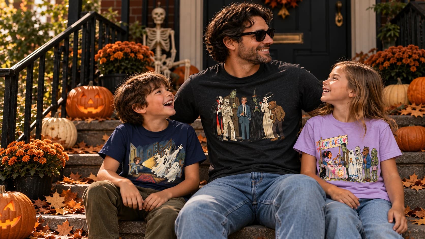 Halloween Collection — City Club Shirts — adults and kids wearing Halloween tees on front steps